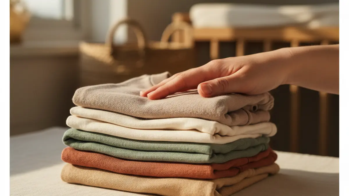 Ein Stapel gefalteter, schadstofffreier Babykleidung in sanften Erdtönen, die von einer Hand liebevoll berührt wird.