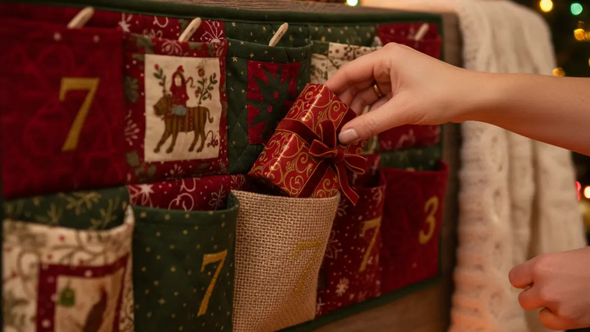 Hände einer erwachsenen Person, die ein kleines Geschenk in ein Stoffsäckchen eines selbstgemachten Adventskalenders legen.