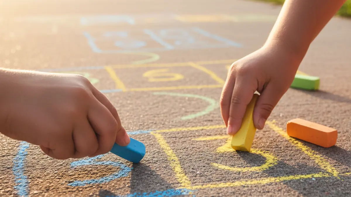 Kinderhände malen mit bunter Kreide ein "Himmel und Hölle"-Hüpfspiel auf den Asphalt eines Gehwegs im Sonnenschein.