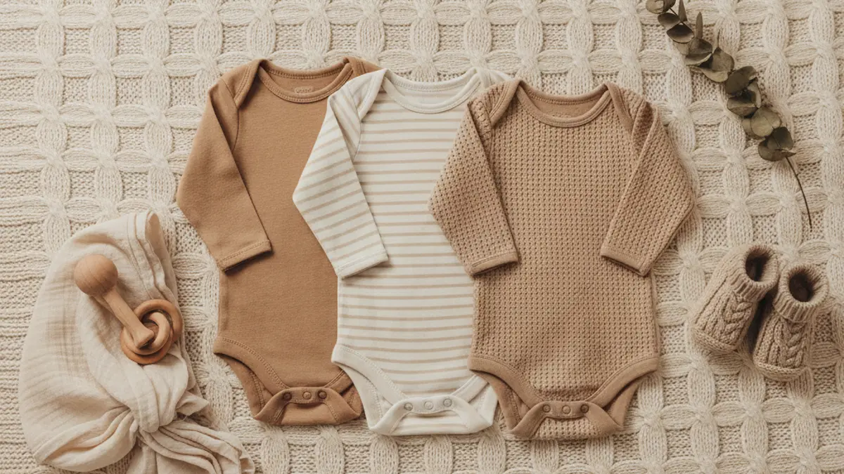 Eine liebevoll arrangierte Baby Erstausstattung mit Bodys, einem Holzspielzeug und Babyschuhen auf einer weichen Decke.