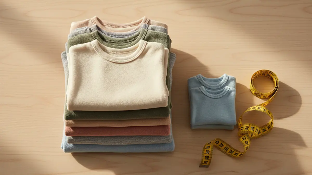 Ein Stapel mit Babykleidung in verschiedenen Größen neben einem Maßband auf einem Holztisch, als Symbol für die Babygrößen Tabelle.