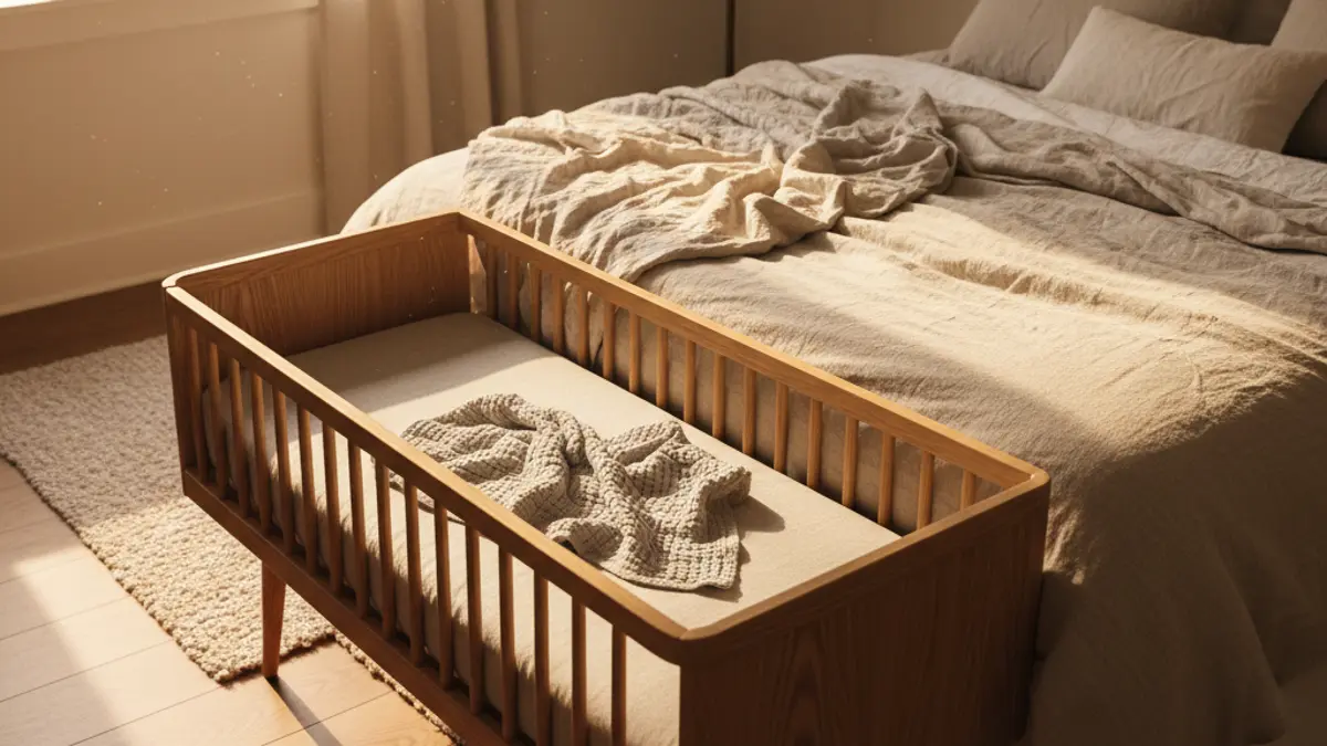 Ein leeres, hölzernes Beistellbett mit sicherer Befestigung am Elternbett in einem hellen, freundlichen Schlafzimmer.