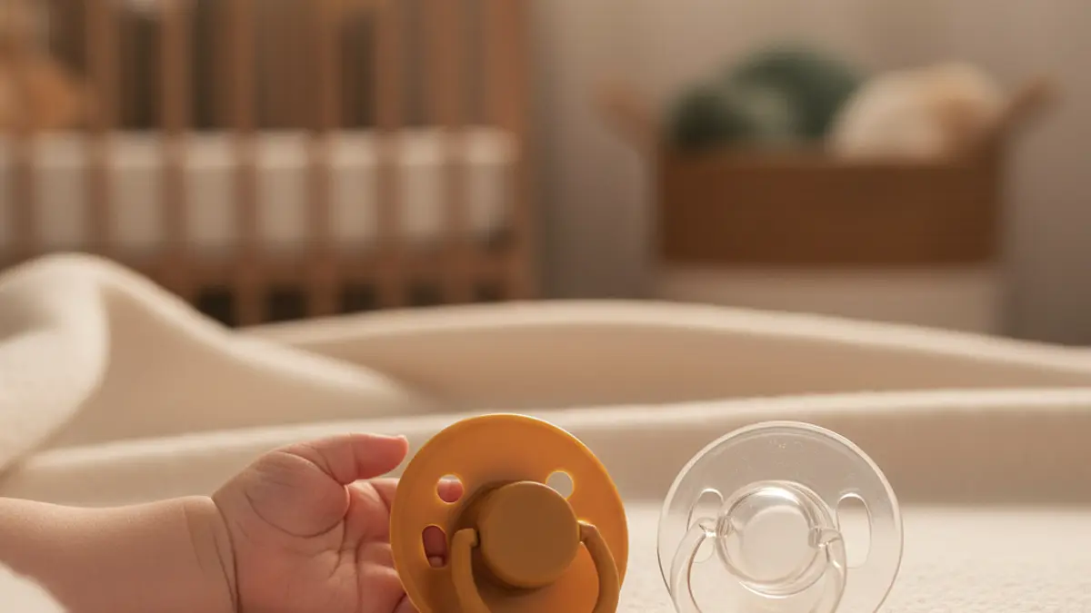 Nahaufnahme von zwei verschiedenen Schnullern, einer aus Latex und einer aus Silikon, die neben der kleinen Hand eines Babys liegen.