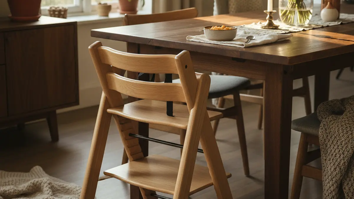 Ein moderner, mitwachsender Treppenhochstuhl aus hellem Holz steht an einem Esstisch, bereit für die Beikost-Mahlzeit.