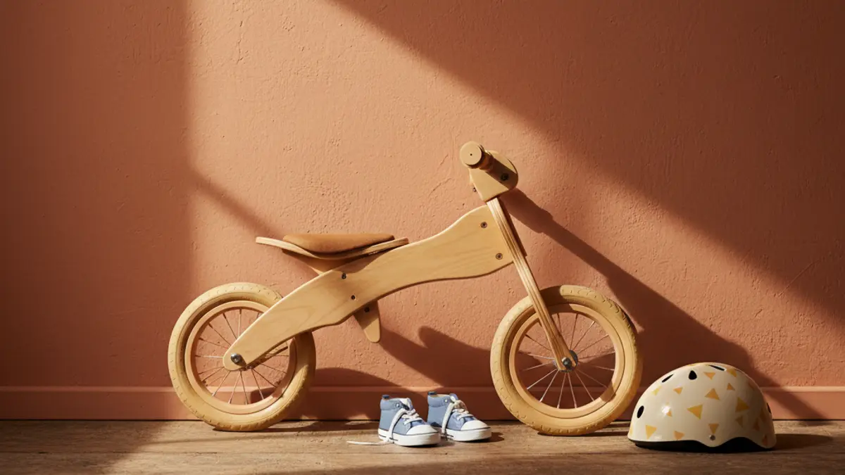 Ein modernes Laufrad aus Holz steht neben kleinen Kinderschuhen und einem Schutzhelm, bereit für die erste Fahrt.