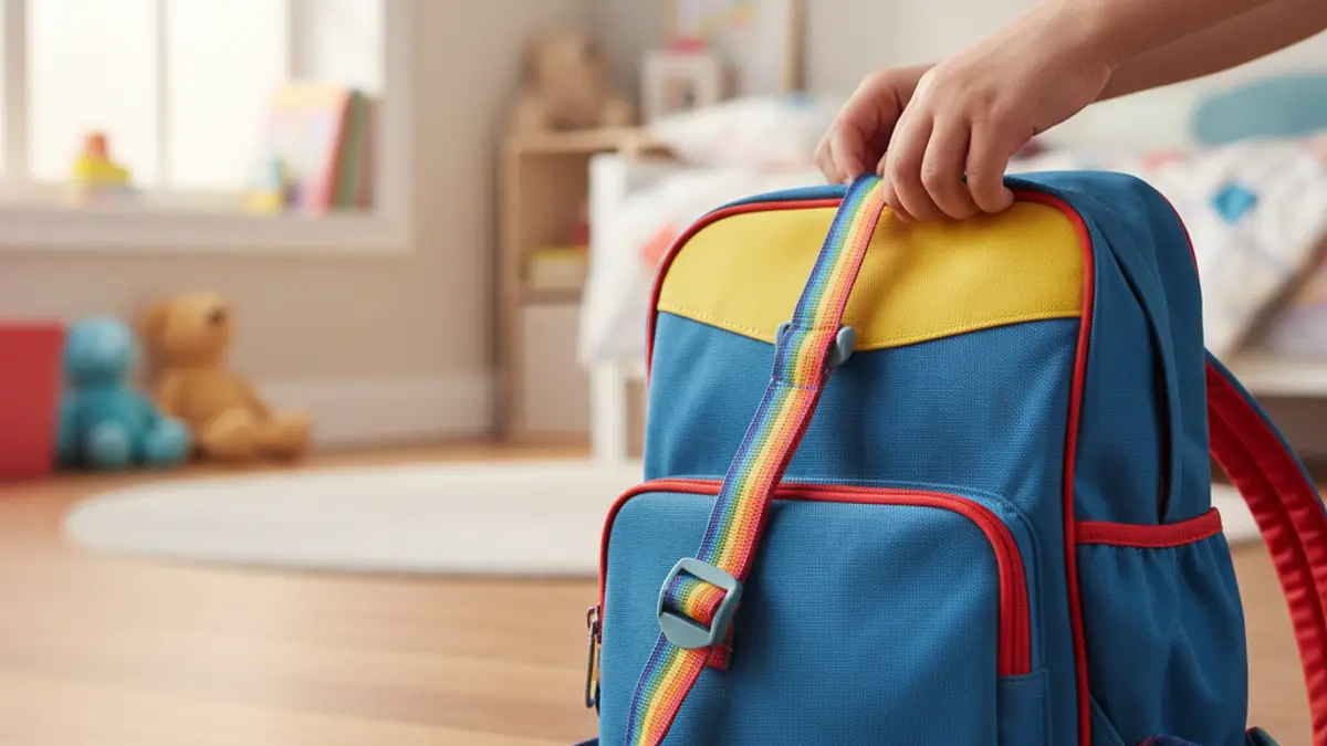 Detailaufnahme eines ergonomischen Schulranzens mit verstellbaren Trägern, der auf die Größe eines Kindes eingestellt wird.