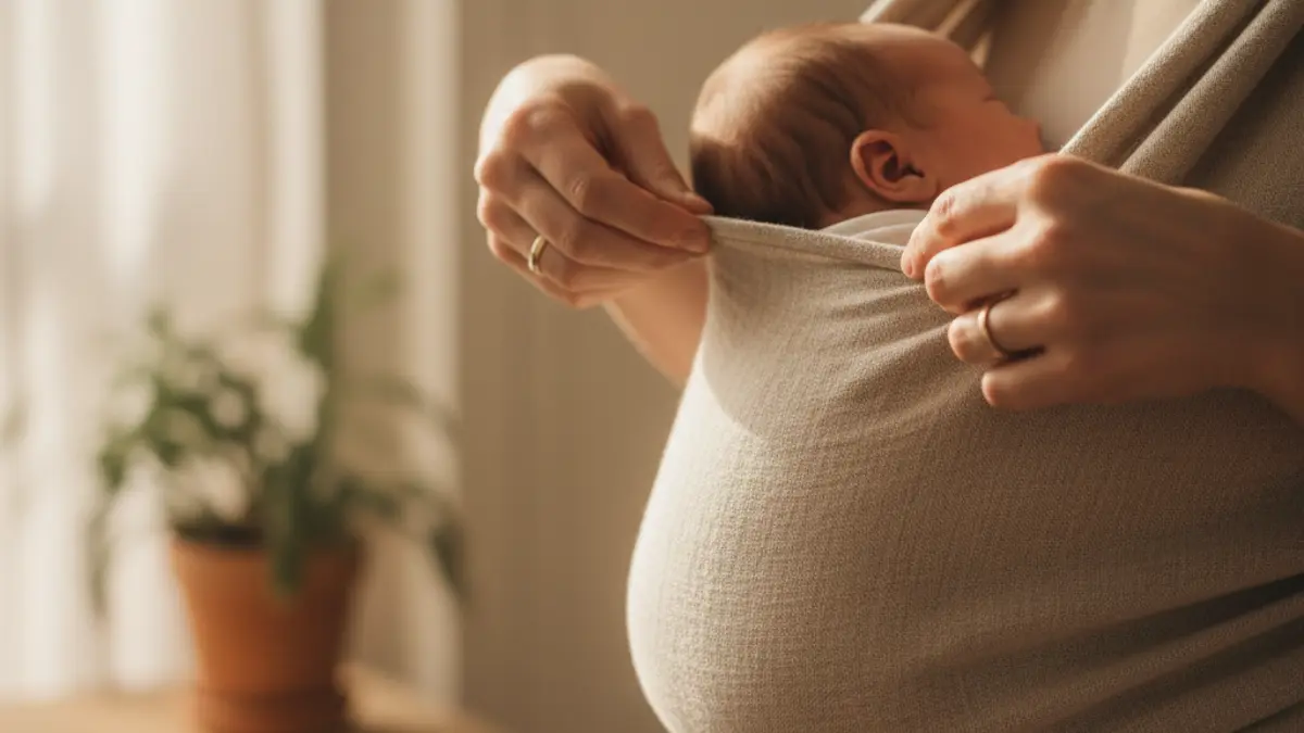 Hände eines Elternteils passen den Stoff einer Babytrage an, um ein Neugeborenes sicher und ergonomisch zu halten.