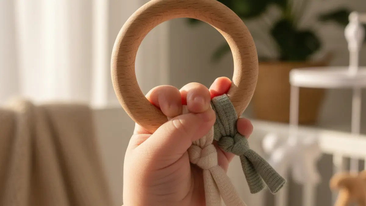 Die kleine Hand eines Babys greift nach einem Beißring aus Holz, um die Schmerzen beim Zahnen zu lindern.
