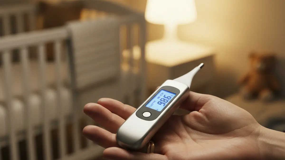 Hand einer erwachsenen Person hält ein digitales Fieberthermometer, im unscharfen Hintergrund ein wohliges Kinderzimmer.