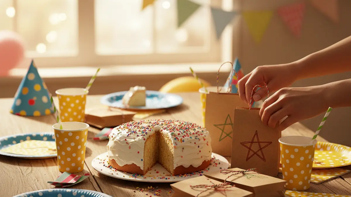 Liebevoll gedeckter Tisch für einen Kindergeburtstag mit Kuchen, bunten Tellern und kleinen Mitgebseltüten aus Papier.