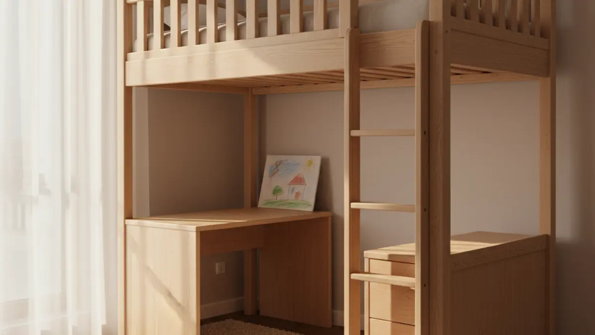 Sicheres Hochbett aus hellem Holz mit hoher Absturzsicherung in einem freundlich eingerichteten Kinderzimmer.