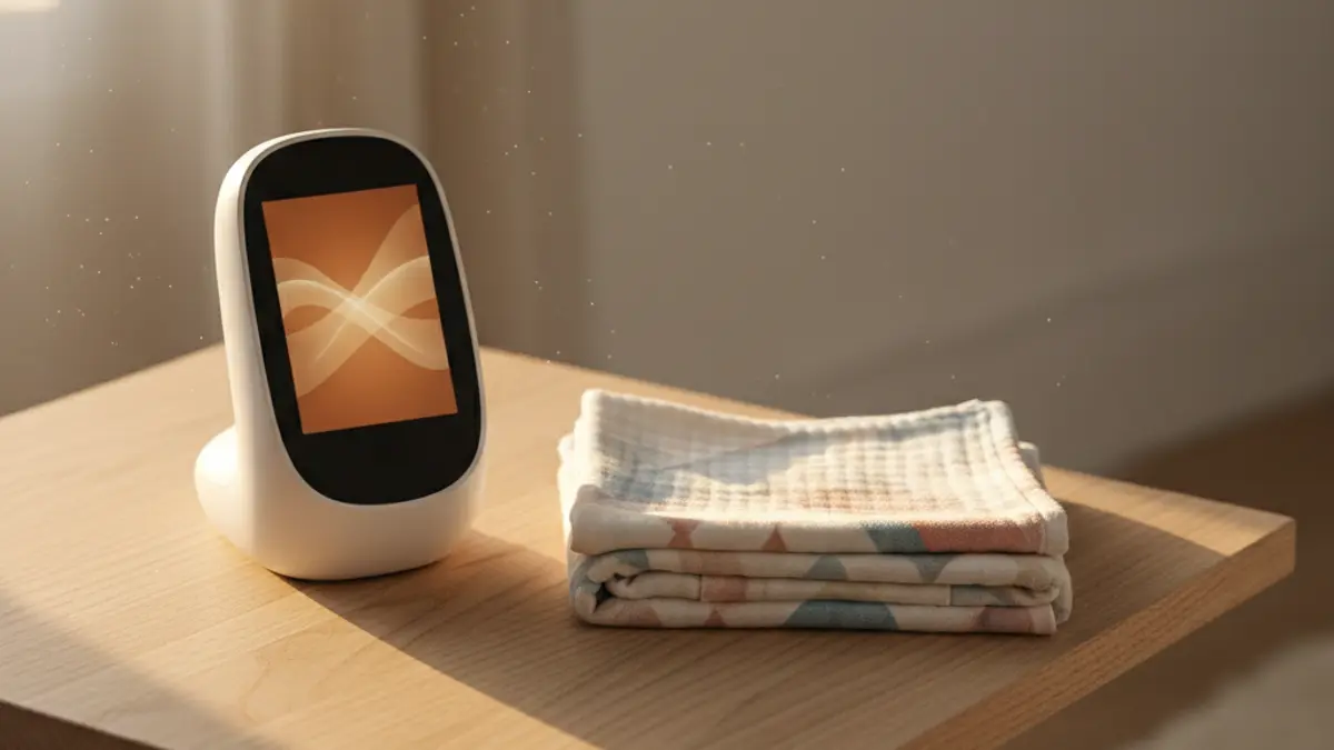 Die Elterneinheit eines modernen Babyphones liegt auf einem Nachttisch aus Holz neben einer gefalteten Babydecke.
