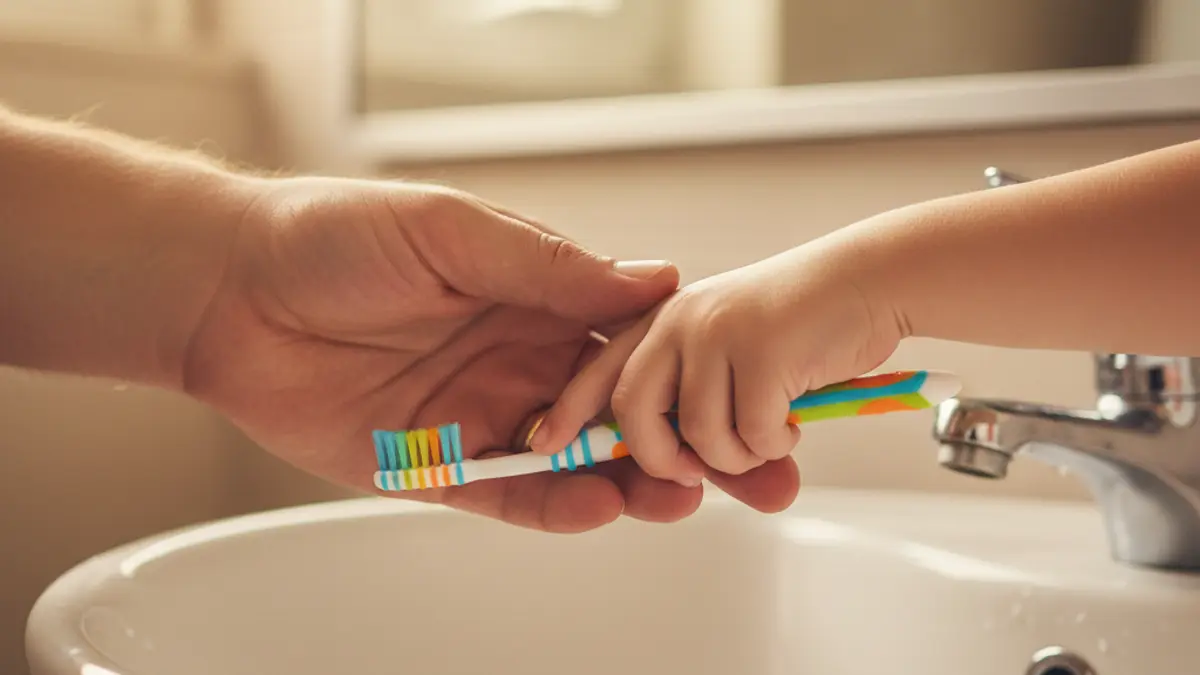 Die Hand eines Erwachsenen führt sanft die Hand eines Kindes, das eine kleine, bunte Kinderzahnbürste hält.