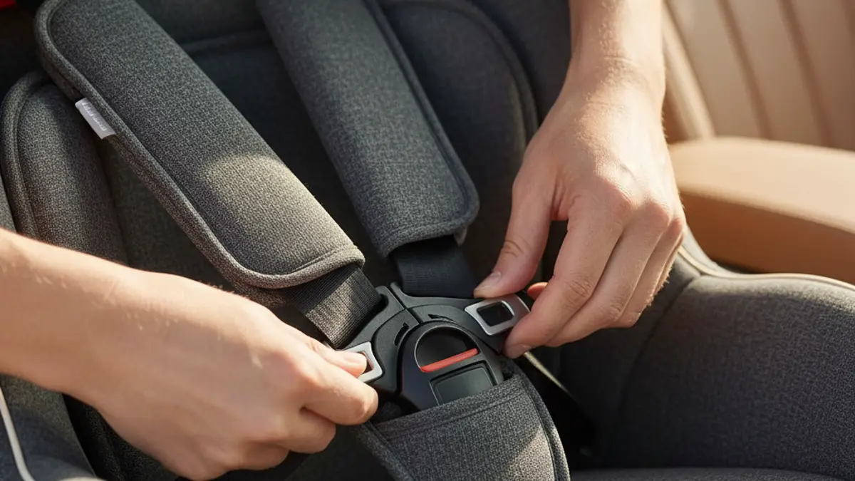 Hände von Eltern, die den Gurt eines sicheren Kindersitzes im Auto schließen, um ihr Kind anzuschnallen.