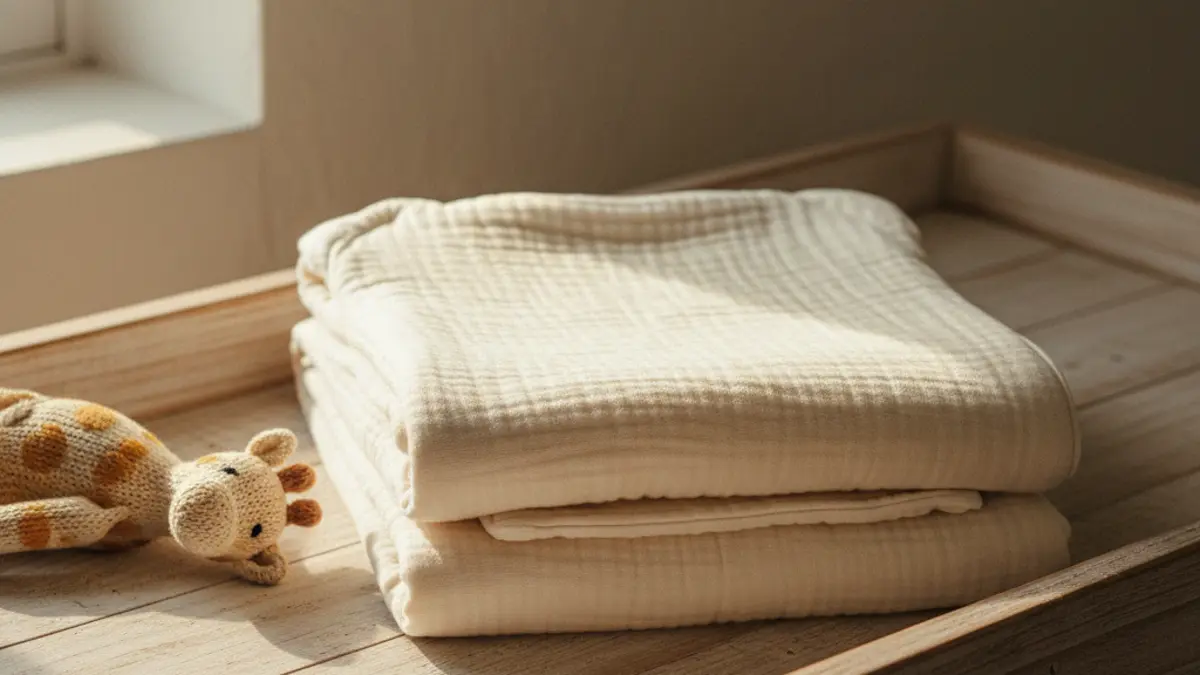 Ein weicher, beigefarbener Babyschlafsack aus Musselin liegt gefaltet auf einem Wickeltisch aus Holz neben einer kleinen Stoffgiraffe.