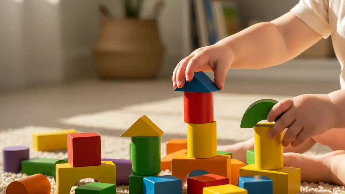 Hände eines Kleinkindes, das mit bunten Holzbausteinen auf einem beigen Teppich spielt, als Symbol für entwicklungsgerechtes Spielzeug.