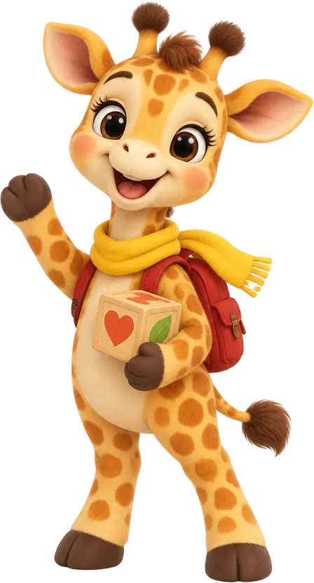 Giraffe Lotti mit rotem Rucksack winkt, Maskottchen von kinderzeugs
