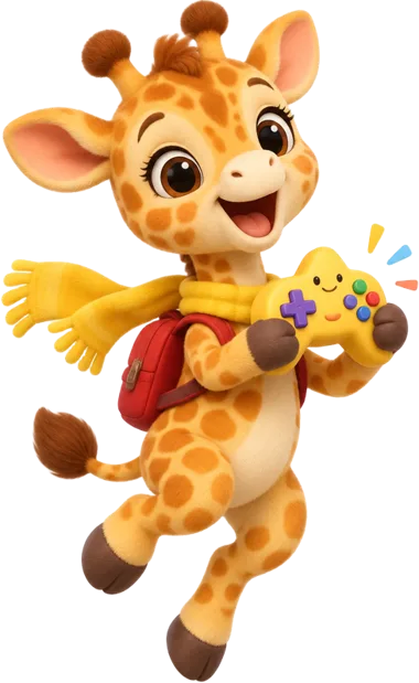 Giraffe Lotti springt fröhlich mit einem Spiel-Controller